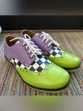 Fluevog NEW WO BOX Radio 2 Chris lime/purple + B&W checker brogue derby -W10/M8